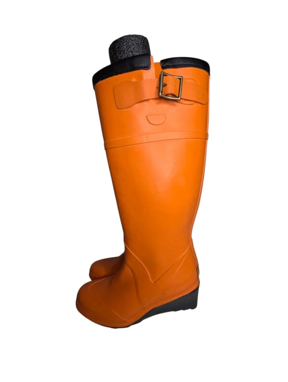 KORS Michael Kors Rain Boots Orange Wedge Buckle Knee High Tall Rubber Womens 8
